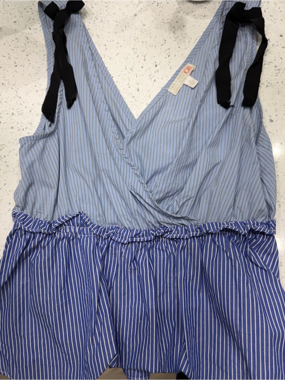 Gianni Bini Blue and Black Striped Tie-Shoulder Peplum Top
